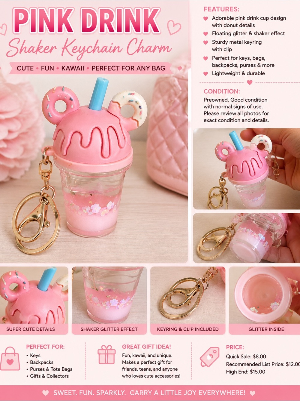 Cute Pink Drink Shaker Keychain Charm Kawaii Cup Bag Charm